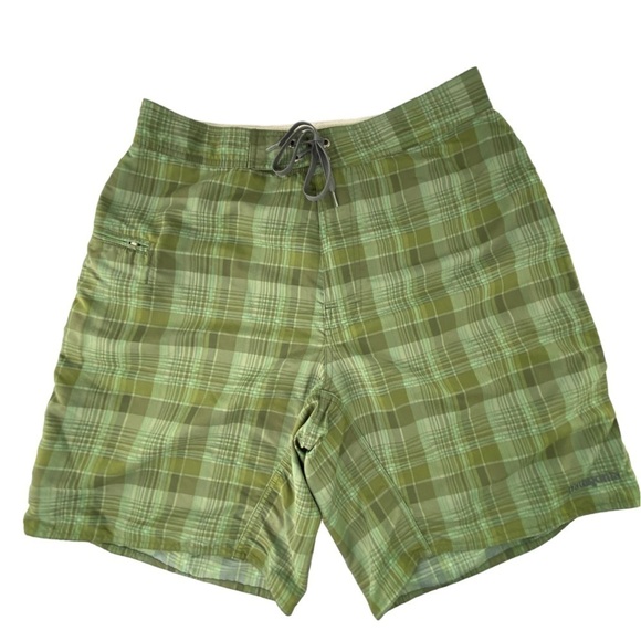 Patagonia green plaid wayfarer board short swim trunks, 34